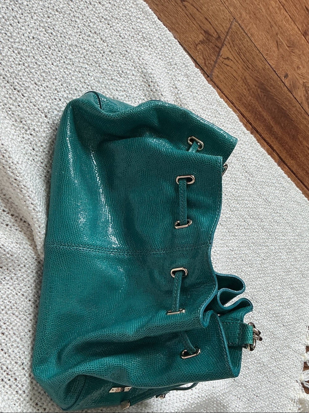 kate spade Teal Lizard-Texture Drawstring Hobo Bag